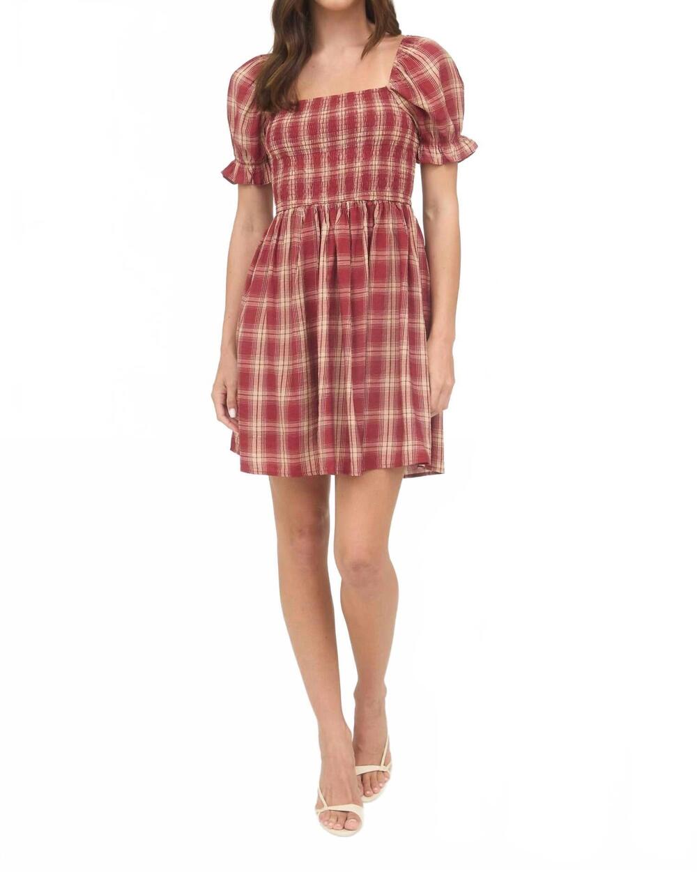 NEW BLU PEPPER plaid laid smocked puff sleeve mini dress in rust
